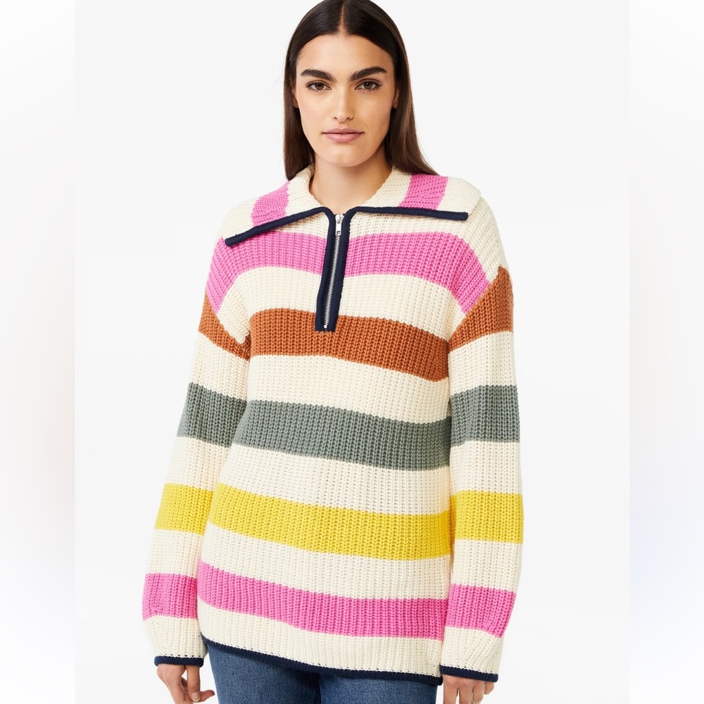 Free assembly Striped Multicolor Women's Sweater large chunky half zip pullover